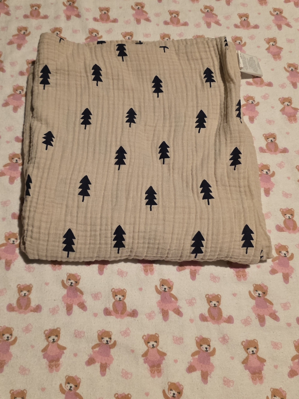 5/$20 Cloud island Beige Muslin Swaddle And Blanket with Navy Tree Print